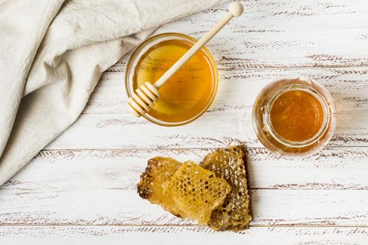 top view honey jars with honeycomb. Resolution and high quality beautiful photo