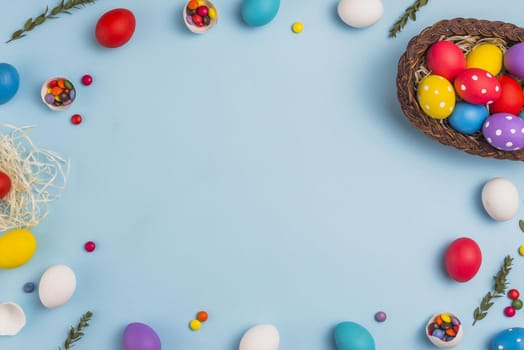 frame from easter eggs basket table. Resolution and high quality beautiful photo