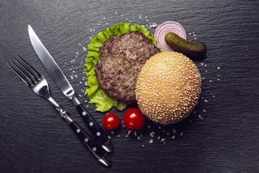 top view burger ingredients slate background. Resolution and high quality beautiful photo