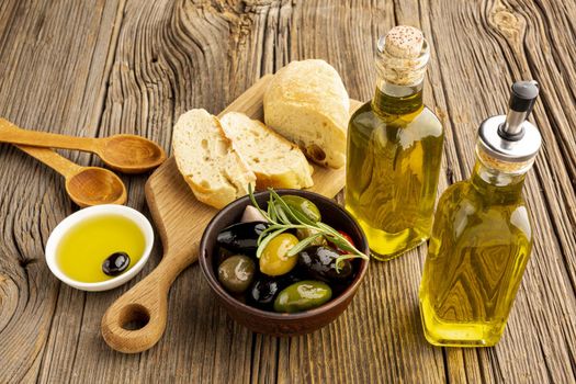 high angle olives mix bread oil bottles. Resolution and high quality beautiful photo