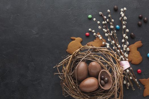 top view chocolate easter eggs nest with candy copy space. Resolution and high quality beautiful photo