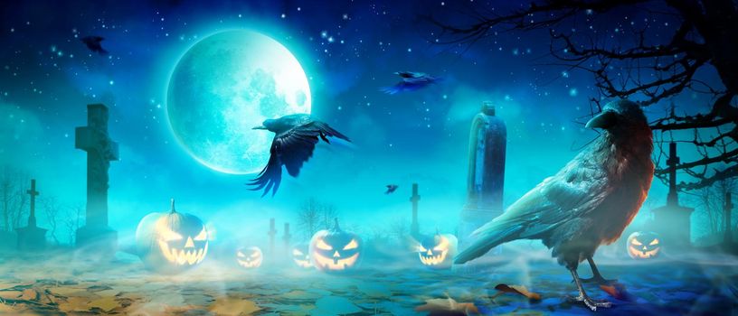 Halloween background with raven in a spooky night.