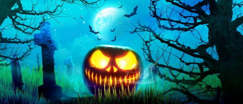 Halloween background with pumpkin in a spooky night.
