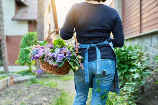 Woman florist gardener in garden with basket of fresh cut spring flowers, back view. Hobby, leisure, floristry, nature, beauty, flower arrangement, creative bouquet, holiday concept