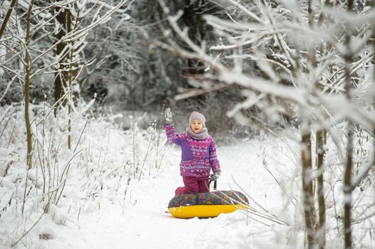 a little girl in winter in purple clothes and an inflatable circle walks on the street in a snow-covered forest.