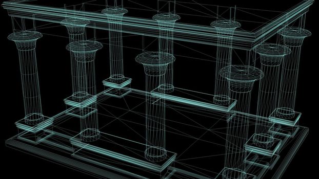 3d illustration - Egyptian Palace Filled With  Columns in wire frame on black background