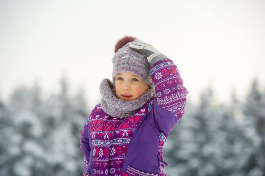 a little girl in winter in purple clothes walks through a snow-covered forest.