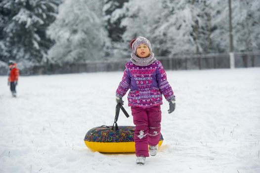 a little girl in winter in purple clothes and an inflatable circle walks on the street in a snow-covered forest.