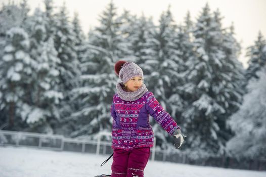 a little girl in winter in purple clothes and an inflatable circle walks on the street in a snow-covered forest.