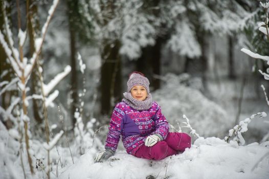 a little girl in winter in purple clothes walks through a snow-covered forest.