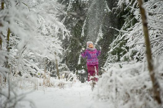 a little girl in winter in purple clothes walks through a snow-covered forest.