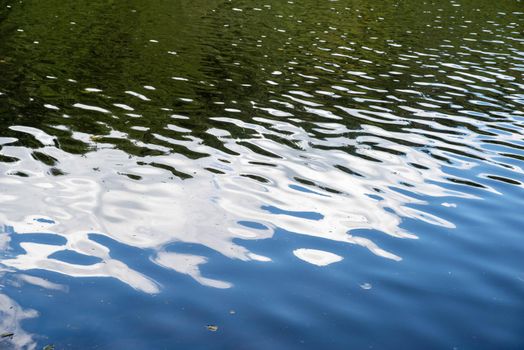 Abstract image of rippling water surface on a woodland pond with blue sky white clouds and green trees reflected with copy space nature background.