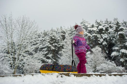 a little girl in winter in purple clothes and an inflatable circle walks on the street in a snow-covered forest.