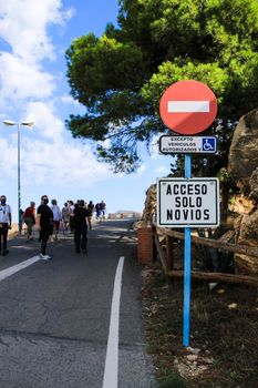 Novelda, Alicante, Spain- Group of tourist visiting the castle of La Mola in Novelda in a sunny day of September