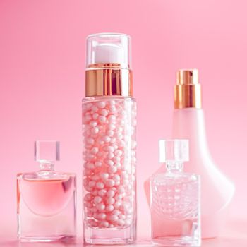 Skincare, perfume and make-up set on pink background, luxury beauty and cosmetic products.