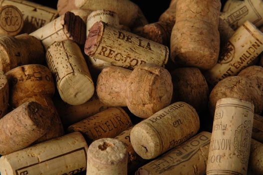 Tashkent, Uzbekistan - October 6, 2009 : Heap of old vintage wine corks. Studio photography