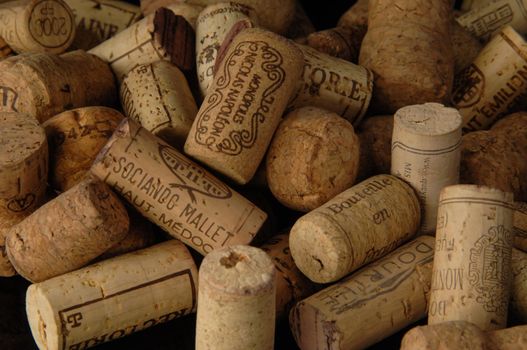 Tashkent, Uzbekistan - October 6, 2009 : Heap of old vintage wine corks. Studio photography