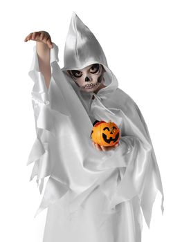 Funny halloween kid in costume with pumpkin sweets bucket, skeleton, zombie, ghost, wizard isolated on white background