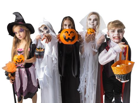 Children trick or treating on Halloween party, different costumes ghost, vampire, skeleton, witch, studio isolated on white background