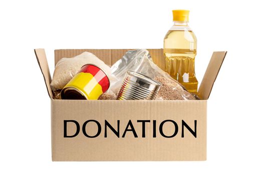 Donation box food support help for poor people in the world isolated on white background with clipping path.