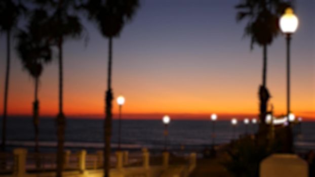 Blurred palms silhouette, twilight sky, California USA, Oceanside pier. Dusk gloaming nightfall atmosphere. Tropical pacific ocean beach, sunset afterglow aesthetic. Dark palm tree, Los Angeles vibes.