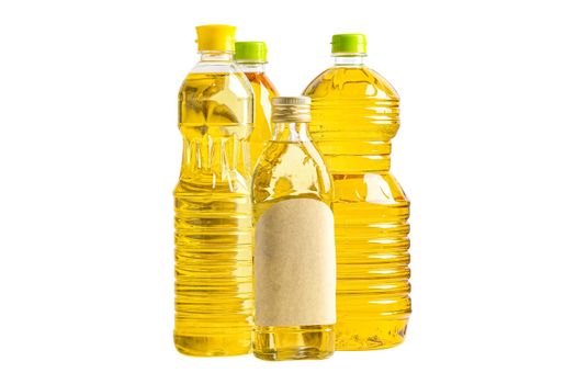 Vegetable oil with olive oil in different bottle for cooking isolated on white background with clipping path.