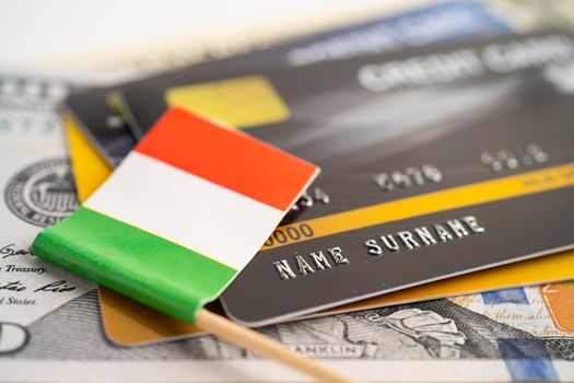 Italy flag on credit card. Finance development, Banking Account, Statistics, Investment Analytic research data economy, Stock exchange trading, Business company concept.