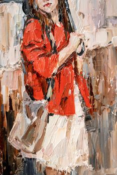 .Girl in the rain with an umbrella in her hands. A woman in a red sweater. Oil painting on canvas.