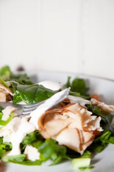 Romaine lettuce, tomato, and chicken lunchmeat drizzled in ranch dressing