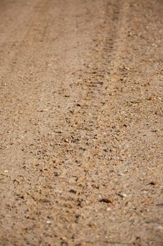 Tire track leading down a rocky, gravel road