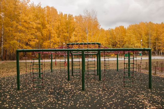 Empty playground with fallen autumn leaves on the floor.