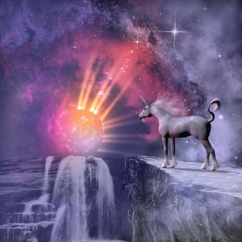 A fantasy image of a white male unicorn and the sun in a dazzling display of rays and light.