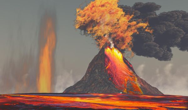A volcano erupts with red hot molten lava with smoke and fire.