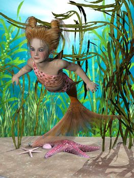 A young mermaid swims through a tangle of kelp in an ocean wilderness.