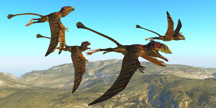 A flock of Peteinosaurus reptiles fly over a mountainous landscape during the Triassic Age of Italy.