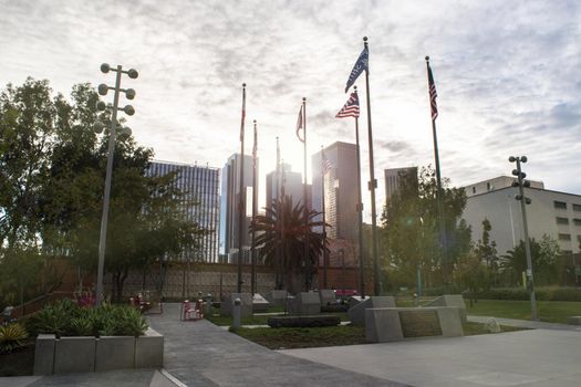 Town hall view with flags in LA downtown, the USA
