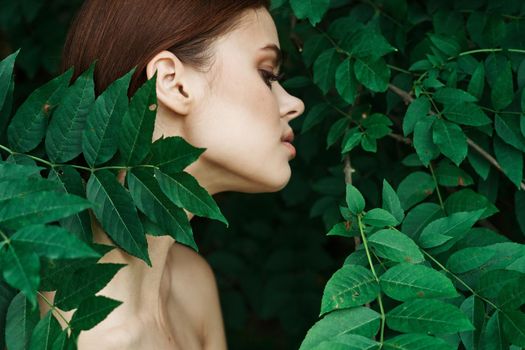 smiling woman skin care bare shoulders green leaves nature model. High quality photo