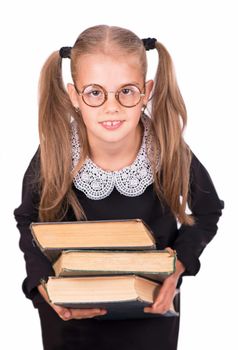 schoolgirl with books and school supplies isolated on white background.