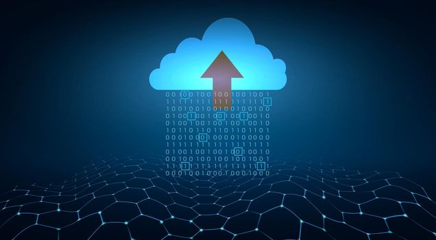 Digital data set of binary numbers being sent to the clouds on a blue background.