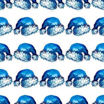 XMAS watercolor Santa Claus Hat Seamless Pattern in Blue Color. Hand PaintedCap Costume background or wallpaper for Ornament, Wrapping or Christmas Gift.