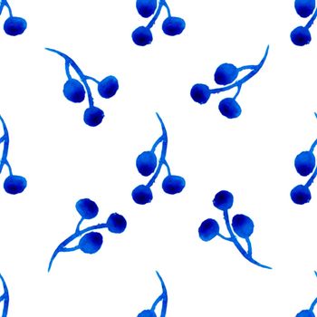 XMAS watercolor Branch Berry Seamless Pattern in Blue Color. Hand Painted background or wallpaper for Ornament, Wrapping or Christmas Gift.