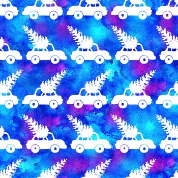 XMAS watercolor Pine Tree and Car Seamless Pattern in Blue Color. Hand Painted fir tree background or wallpaper for Ornament, Wrapping or Christmas Gift.