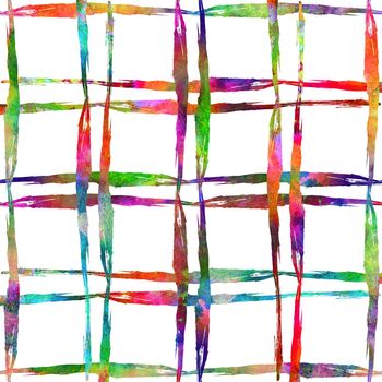 Watercolor Brush Plaid Seamless Pattern Grange Check Geometric Design in Rainbow Color. Modern Strokes Grung Collage Background for kids fabric and textile.