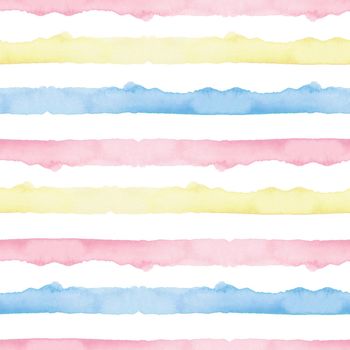 Watercolor Abstract Yellow Pink Blue Stripes Background. Cool Seamless Pattern for Fabric Textile and Paper. Simple Hand Painted Stripe.