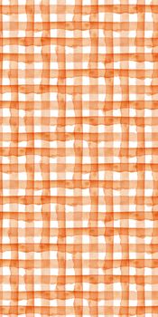 Orange Plaid Abstract Watercolor Geometric Background. Seamless Pattern with Stripes and Check. Handmade Texture for Fabric Design and Paper Wallpaper