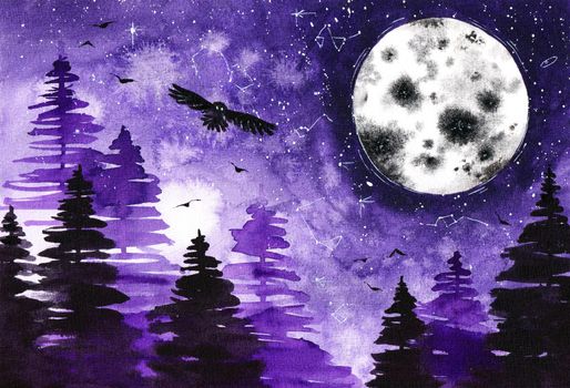 Original Moon Owl Forest Watercolor Painting at the paper. Artistic Illustration in white Violet and Black Color. Night Sky and Trees Artwork. Can bu used for background and wallpaper print.