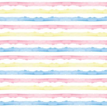 Watercolor Abstract Yellow Pink Blue Stripes Background. Cool Seamless Pattern for Fabric Textile and Paper. Simple Hand Painted Stripe.