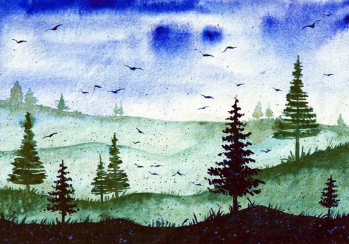 Forest Watercolor Landscape Painting Original Art can be used for Background Print and Wallpaper Design. Nature View with Trees and Sky, Birds. Picture in Green and Blue colors.