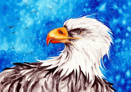 Eagle Head Watercolor Illustration Painting at the paper. Original Artistic watercolour Bird Animal artwork can be used for print wallpaper background or design