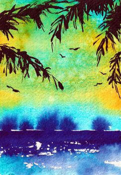 Palm Trees Watercolor Illustration Original Art Sunrise Palm Leaves Artistic Painting at the paper. Sunrise Sea Ocean in Blue and Yellow Colors. Can be used for Wallpaper Print and Background.